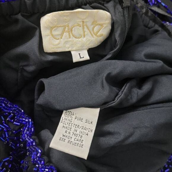 Vtg Cache 100% Silk Beaded Formal Maxi Dress Sz L Black Blue Straples Gown Prom - Picture 4 of 7